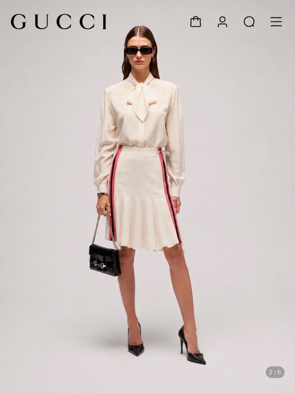 Gucci Cream Pleated Skirt with Pink & Black Side Stripes